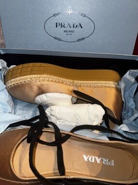 Prada Espadrille-Style Platform Sneakers in Metallic Gold and Yellow Sole